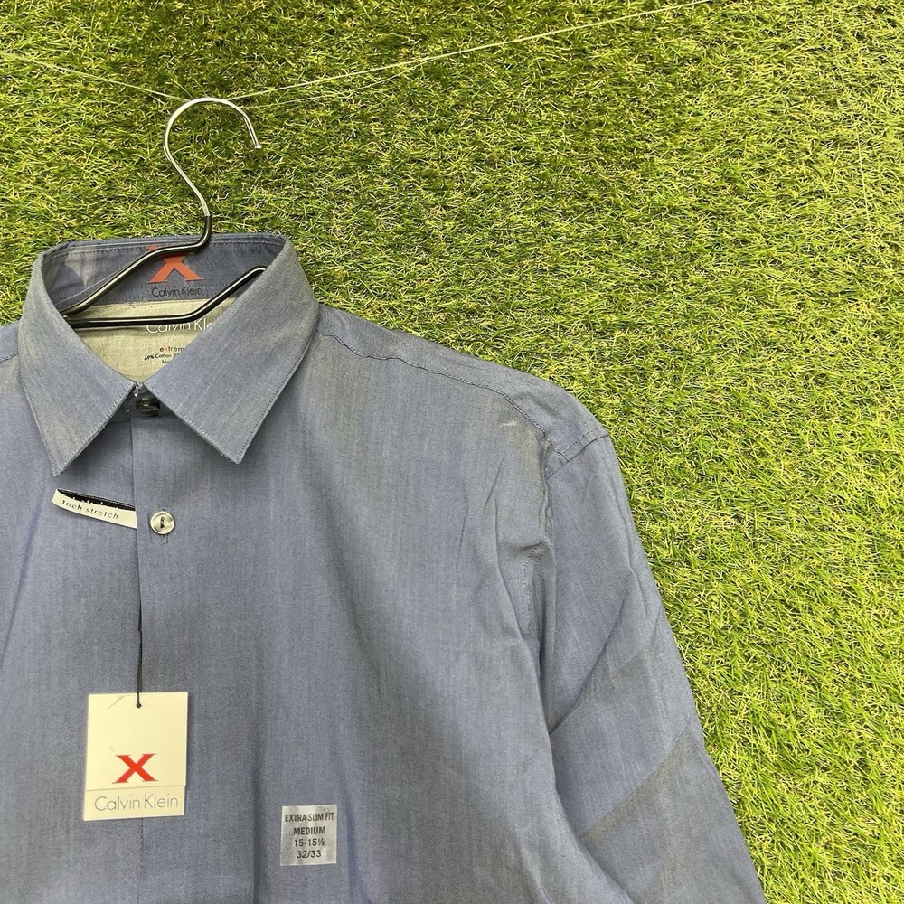 Calvin Klein Steel+ Dress Shirt Mens 15.5 32/33 Slim Fit Blue Denim Performance